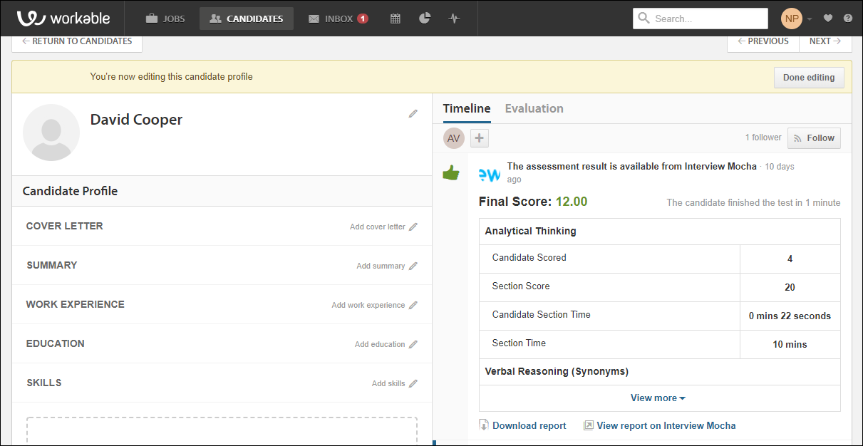 Candidate Report - Workable Dashboard